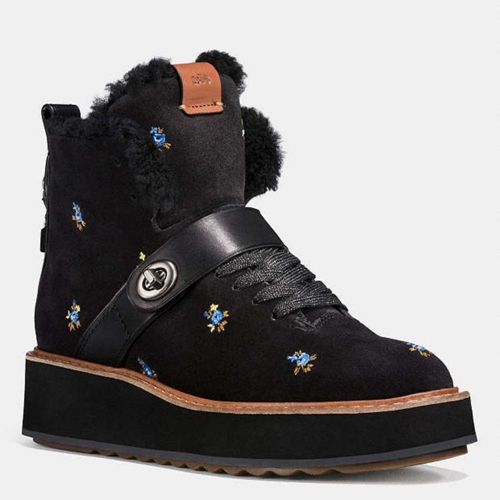 Coach City Hiker Women's Floral Suede Lace Up Ankle Boots‎ Shearling, Size 6